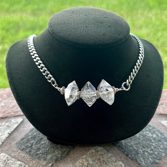 3 big Genuine herkimer diamonds crystals stainless steel boho choker necklace - Picture 10 of 15
